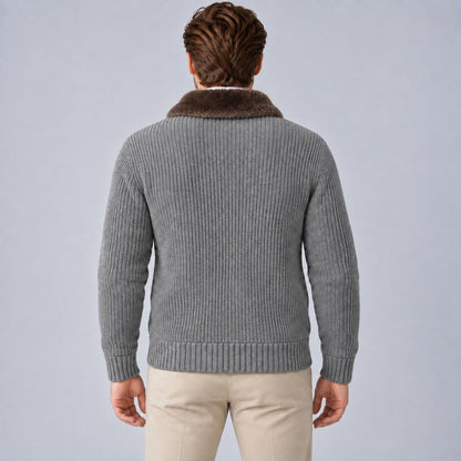 Men's Faux Fur Collar Ribbed Knit Zip Cardigan