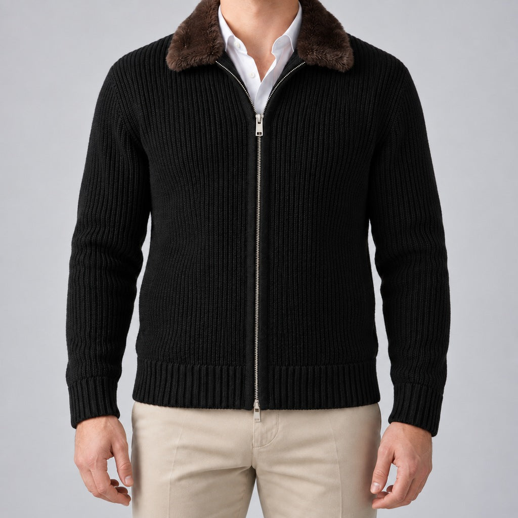 Men's Faux Fur Collar Ribbed Knit Zip Cardigan