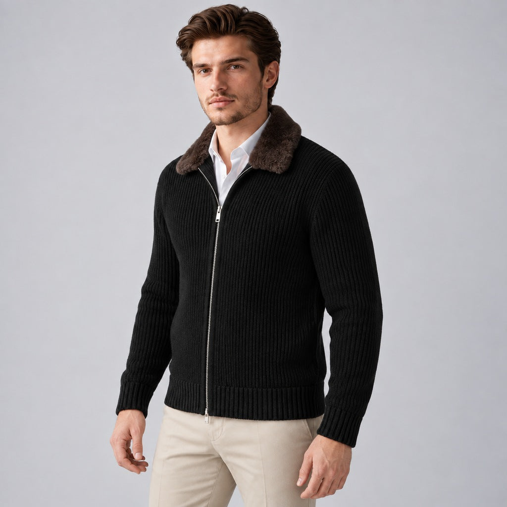 Men's Faux Fur Collar Ribbed Knit Zip Cardigan