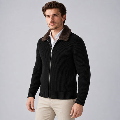 Men's Faux Fur Collar Ribbed Knit Zip Cardigan