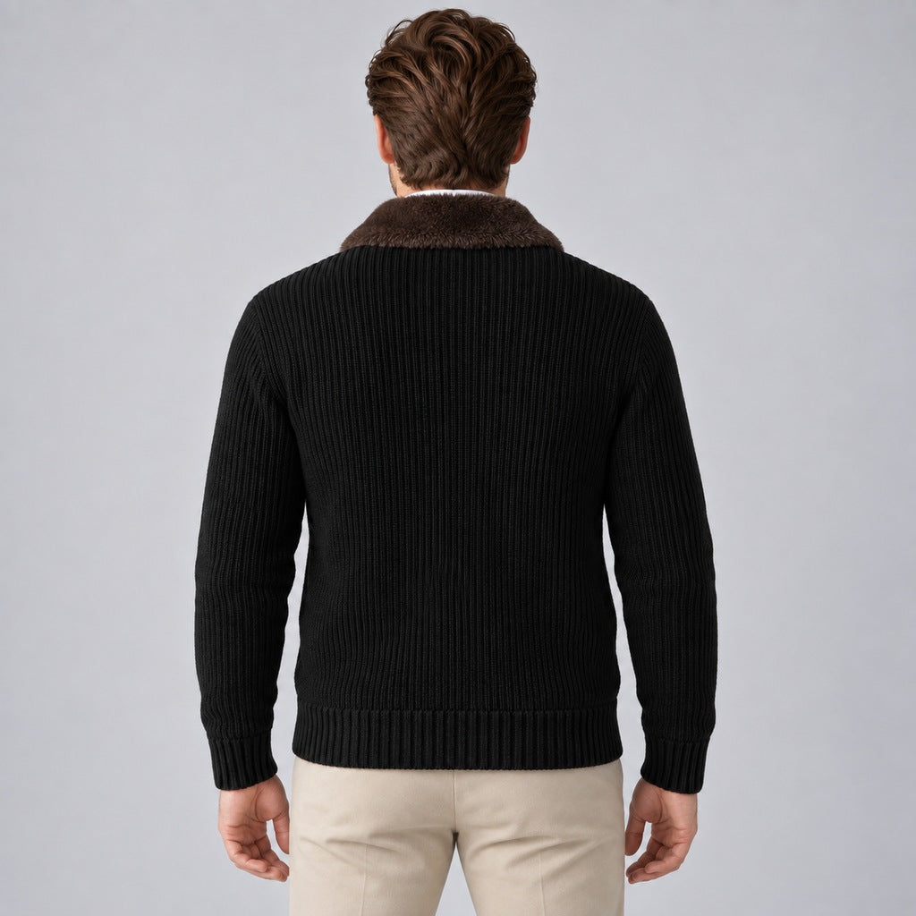Men's Faux Fur Collar Ribbed Knit Zip Cardigan