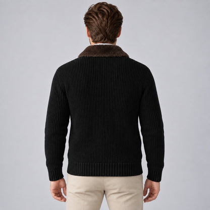 Men's Faux Fur Collar Ribbed Knit Zip Cardigan