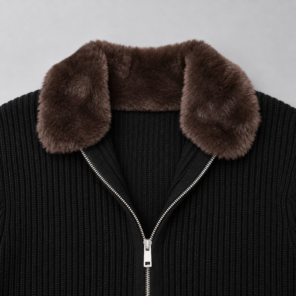 Men's Faux Fur Collar Ribbed Knit Zip Cardigan
