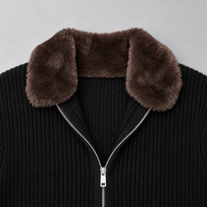 Men's Faux Fur Collar Ribbed Knit Zip Cardigan