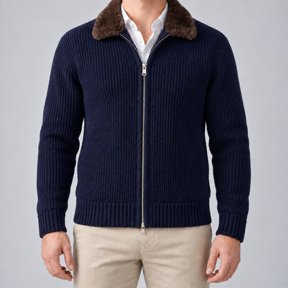 Men's Faux Fur Collar Ribbed Knit Zip Cardigan