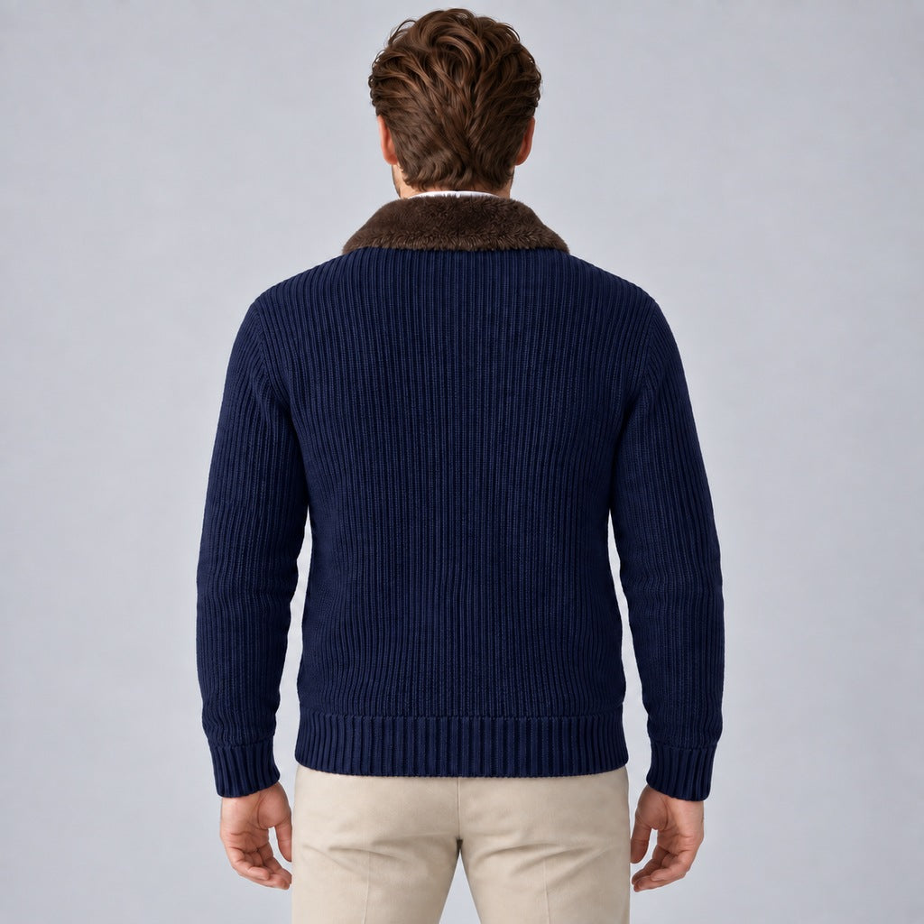 Men's Faux Fur Collar Ribbed Knit Zip Cardigan