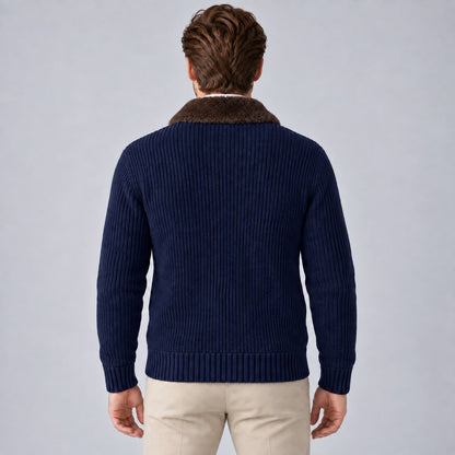 Men's Faux Fur Collar Ribbed Knit Zip Cardigan