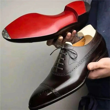 William | Men's Genuine Leather Cap-Toe Brogue Oxford Shoes Red Sole