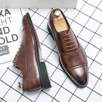 William | Men's Genuine Leather Cap-Toe Brogue Oxford Shoes Red Sole