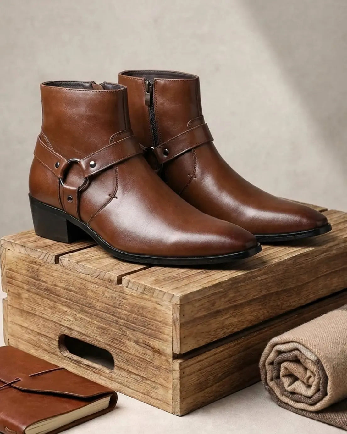 Theo | Men's Leather Harness-Strap Pointed-Toe Ankle Boots