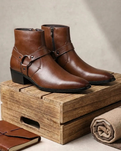 Theo | Men's Leather Harness-Strap Pointed-Toe Ankle Boots