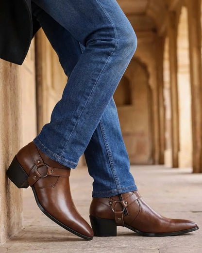 Theo | Men's Leather Harness-Strap Pointed-Toe Ankle Boots