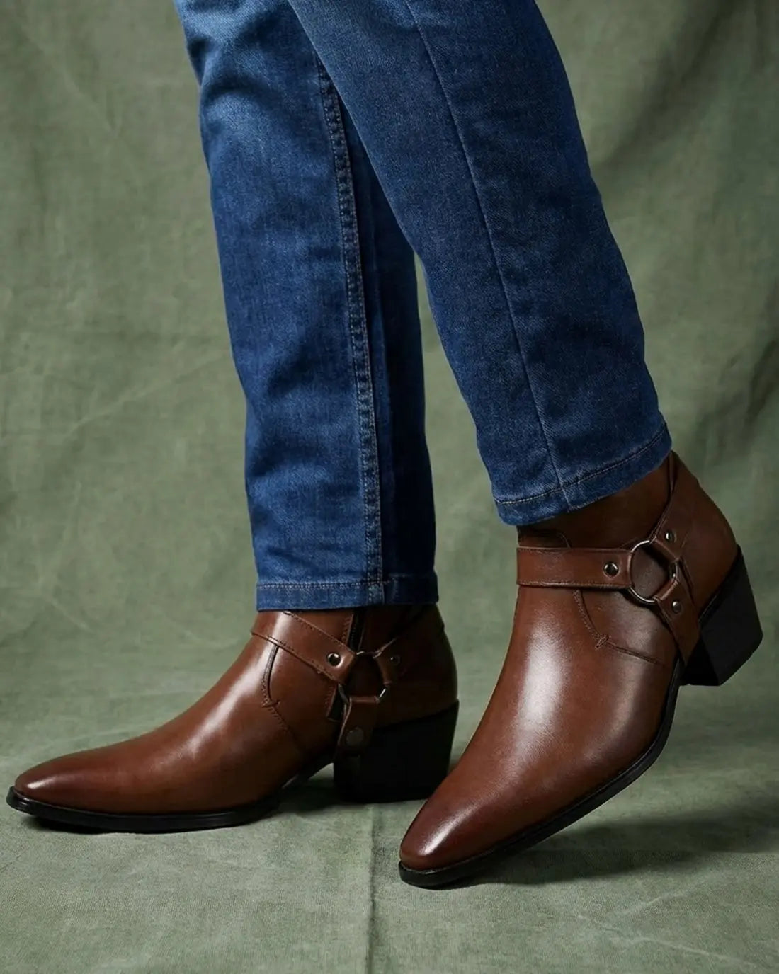 Theo | Men's Leather Harness-Strap Pointed-Toe Ankle Boots