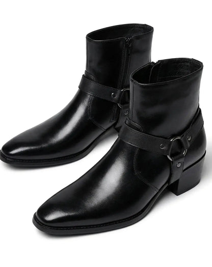 Theo | Men's Leather Harness-Strap Pointed-Toe Ankle Boots