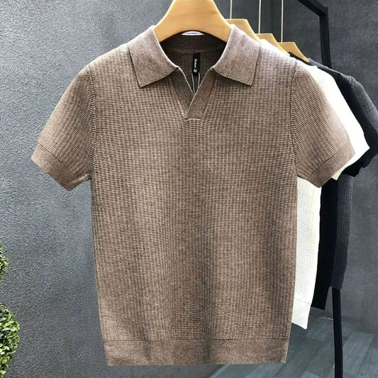 Men's Open-Collar Textured Knit Short-Sleeve Polo Shirt