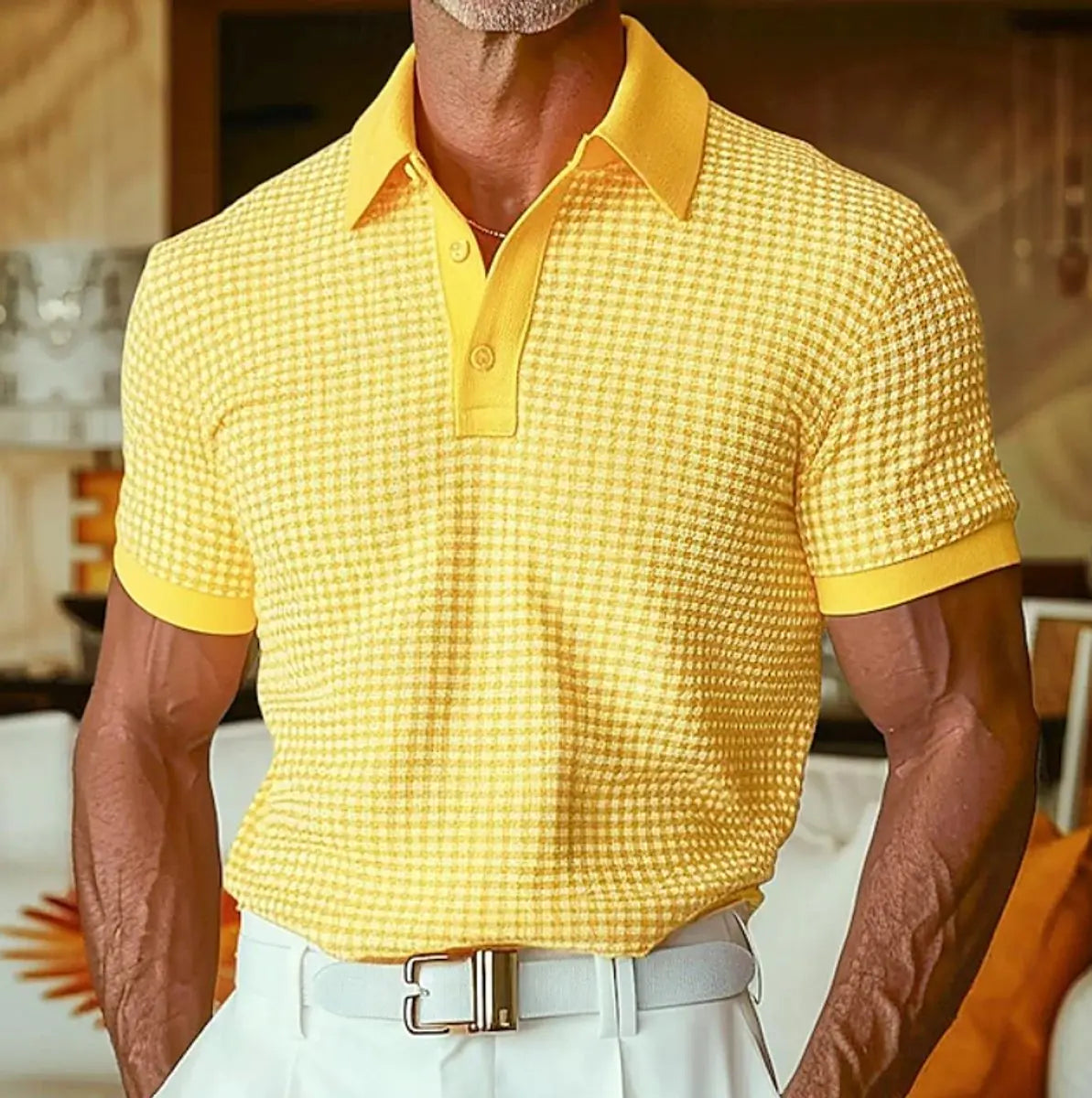 Men's Relaxed-Fit Houndstooth Waffle-Knit Collared Polo Shirt