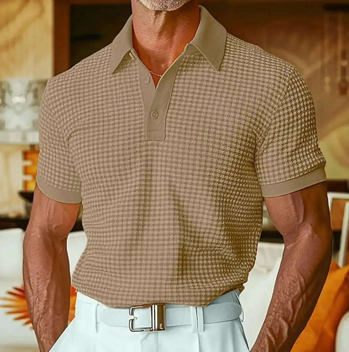 Men's Relaxed-Fit Houndstooth Waffle-Knit Collared Polo Shirt