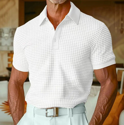 Men's Relaxed-Fit Houndstooth Waffle-Knit Collared Polo Shirt
