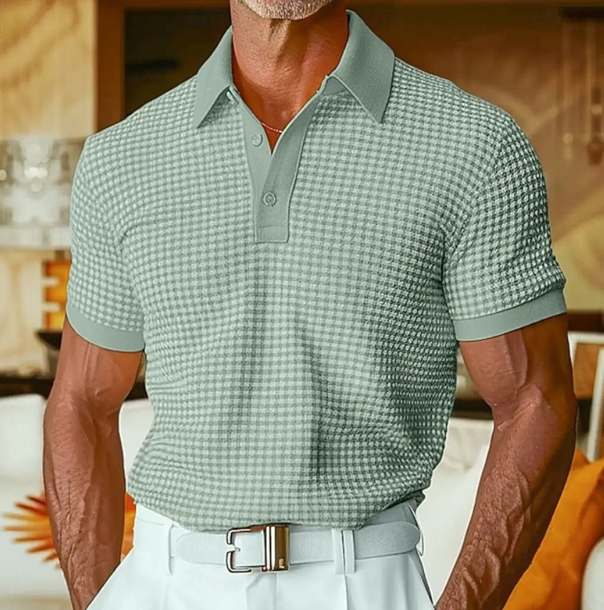 Men's Relaxed-Fit Houndstooth Waffle-Knit Collared Polo Shirt