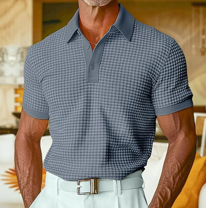Men's Relaxed-Fit Houndstooth Waffle-Knit Collared Polo Shirt