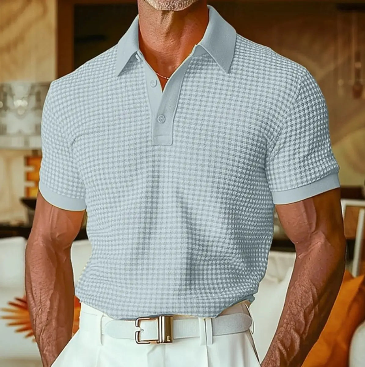 Men's Relaxed-Fit Houndstooth Waffle-Knit Collared Polo Shirt