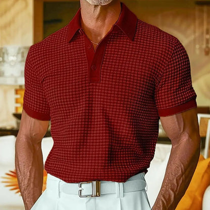 Men's Relaxed-Fit Houndstooth Waffle-Knit Collared Polo Shirt