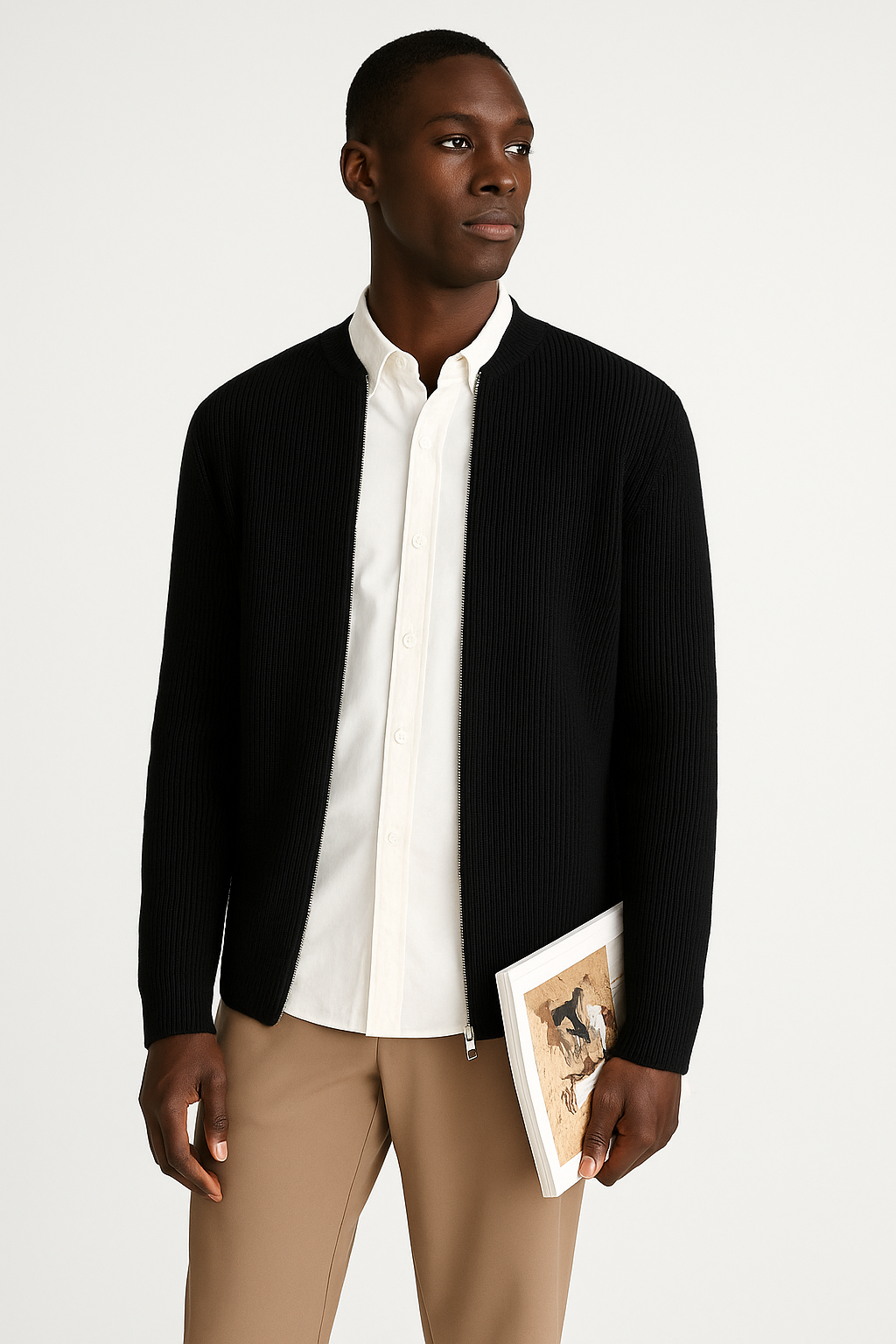 Men's Ribbed Knit Cardigan with Double Zipper – Relaxed Fit