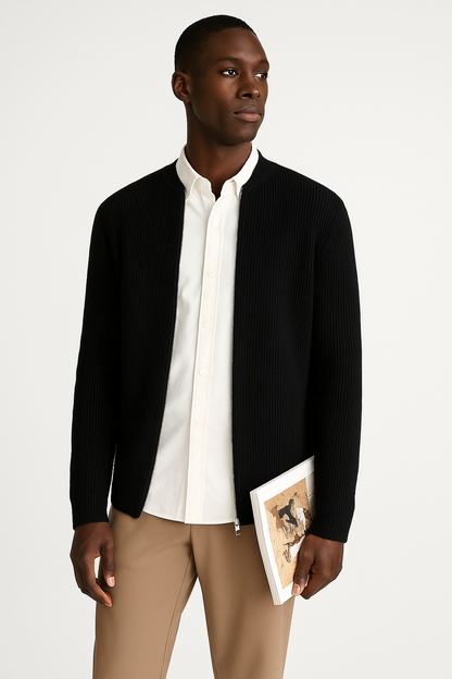 Men's Ribbed Knit Cardigan with Double Zipper – Relaxed Fit