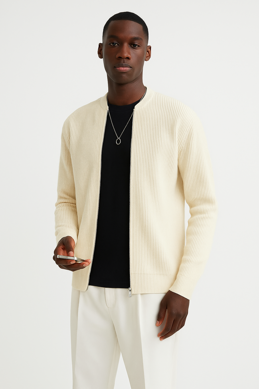 Men's Ribbed Knit Cardigan with Double Zipper – Relaxed Fit