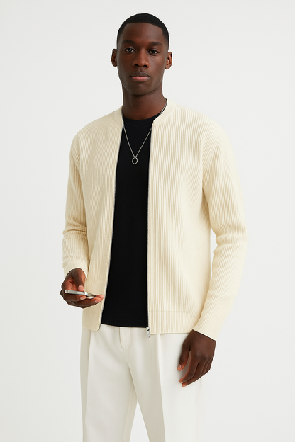 Men's Ribbed Knit Cardigan with Double Zipper – Relaxed Fit