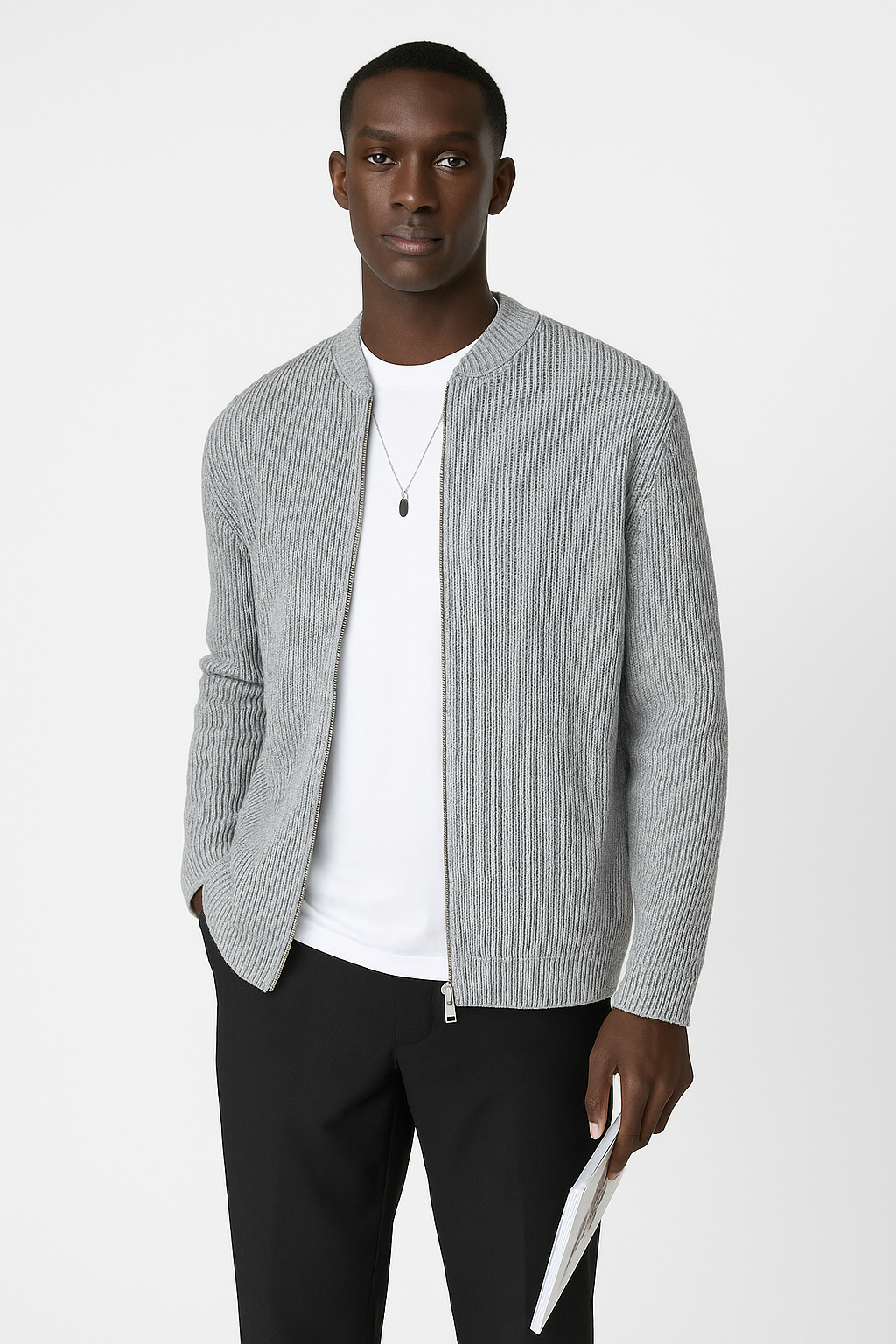 Men's Ribbed Knit Cardigan with Double Zipper – Relaxed Fit