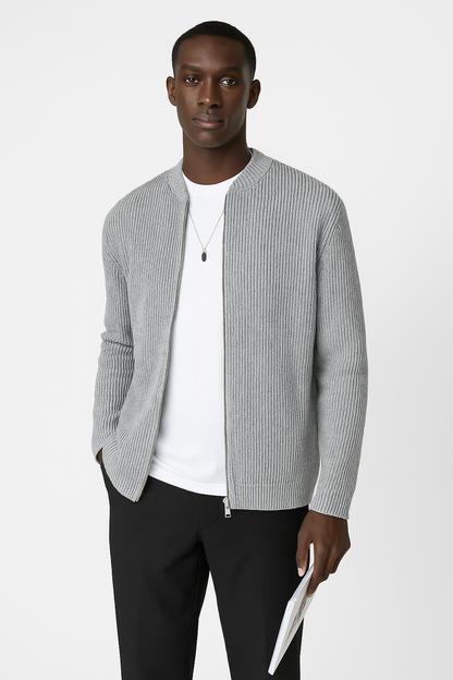 Men's Ribbed Knit Cardigan with Double Zipper – Relaxed Fit