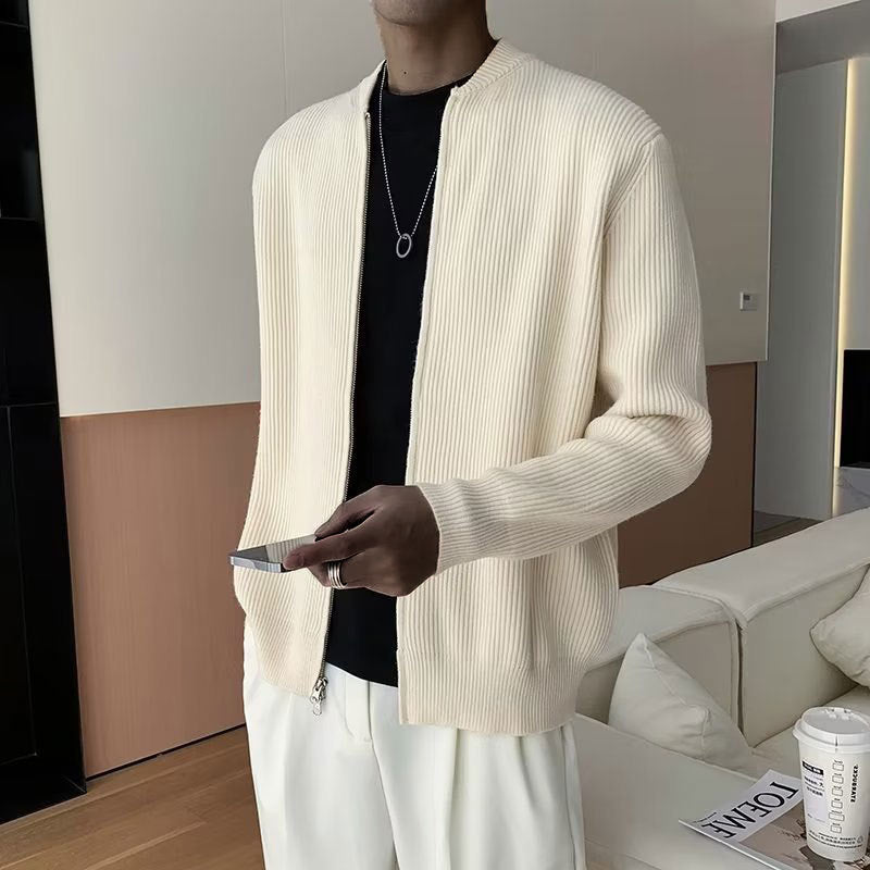 Men's Ribbed Knit Cardigan with Double Zipper – Relaxed Fit