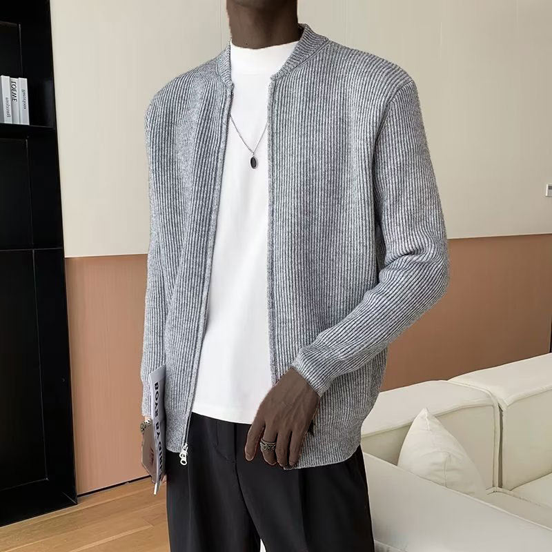 Men's Ribbed Knit Cardigan with Double Zipper – Relaxed Fit