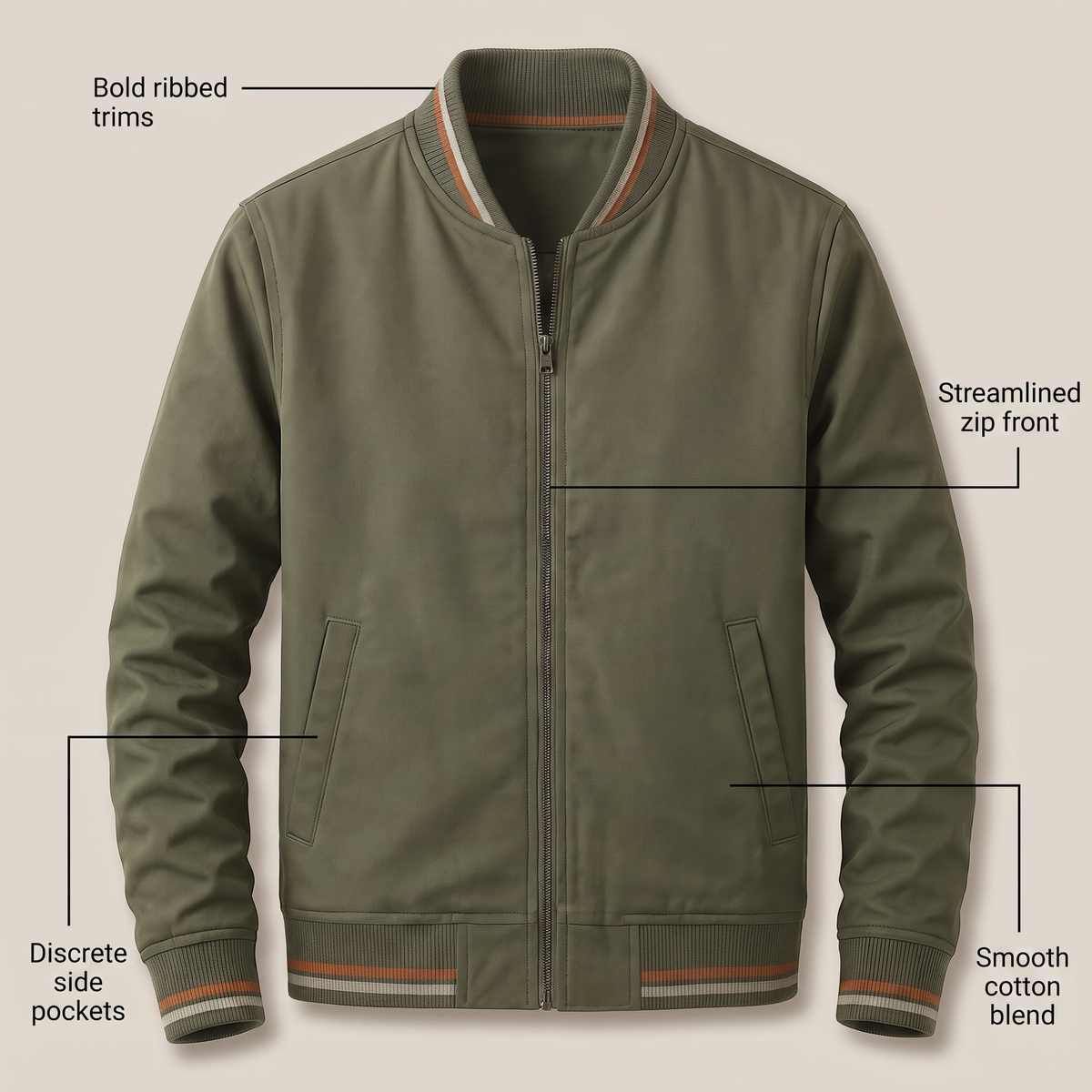 Men's Tipped Rib Zip Up Jacket – Smart Casual Bomber Jacket