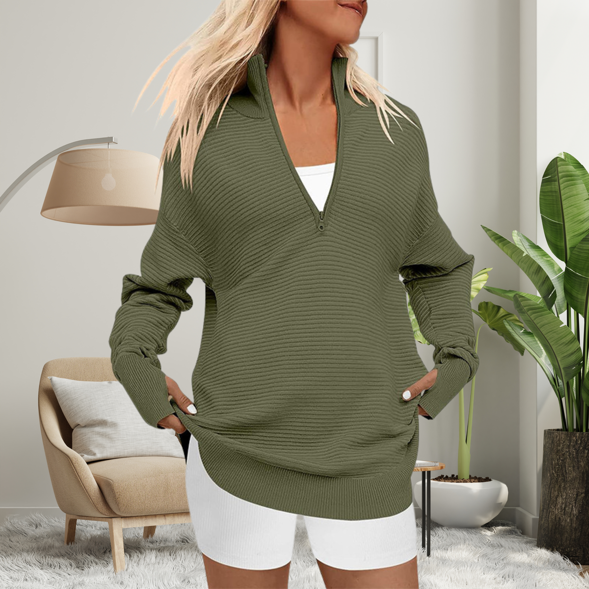 Women's Oversized Half Zip Jumper in Ribbed Knit – Josie