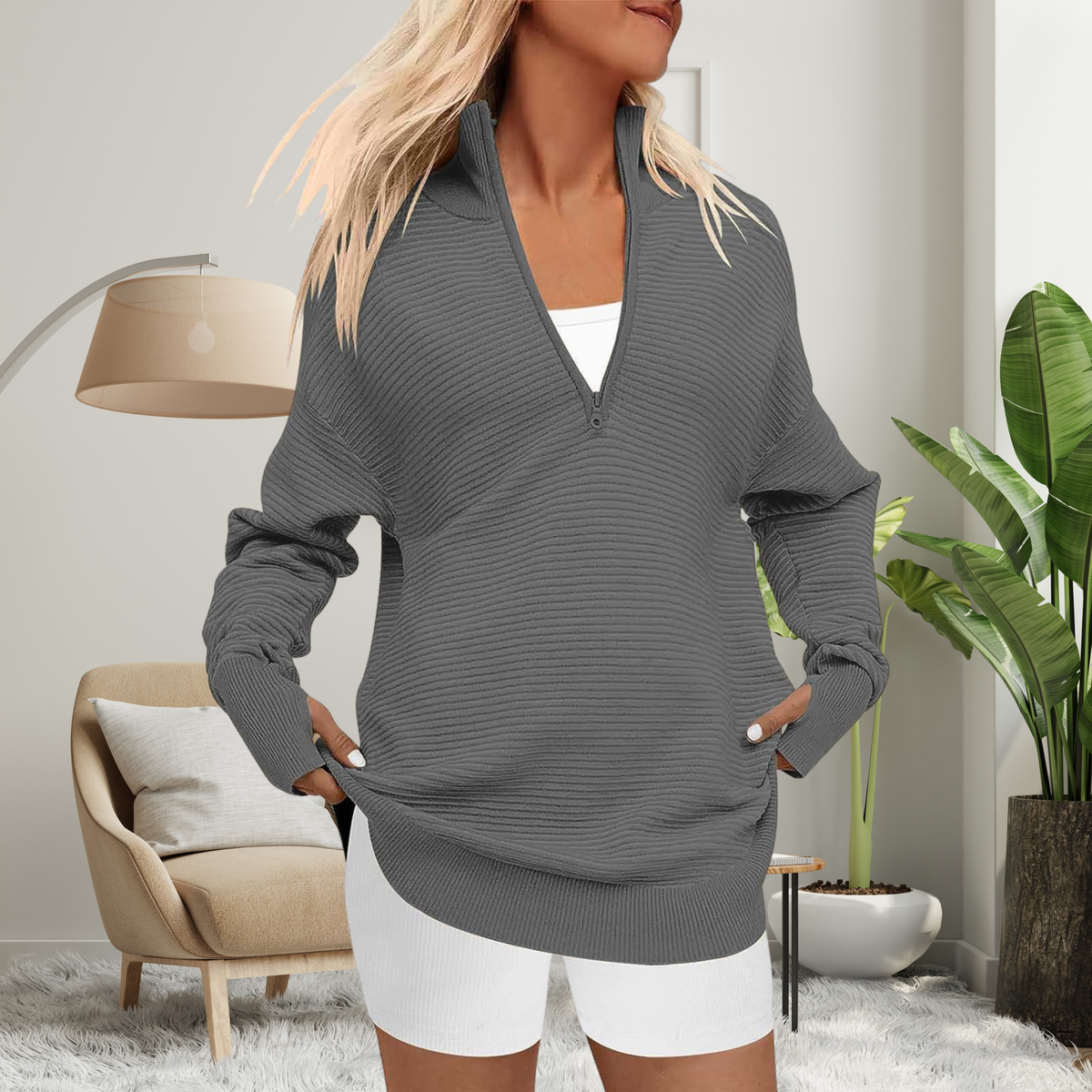 Women's Oversized Half Zip Jumper in Ribbed Knit – Josie