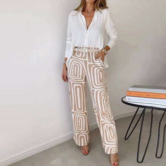 Elegant Two-Piece Set with Patterned Trousers