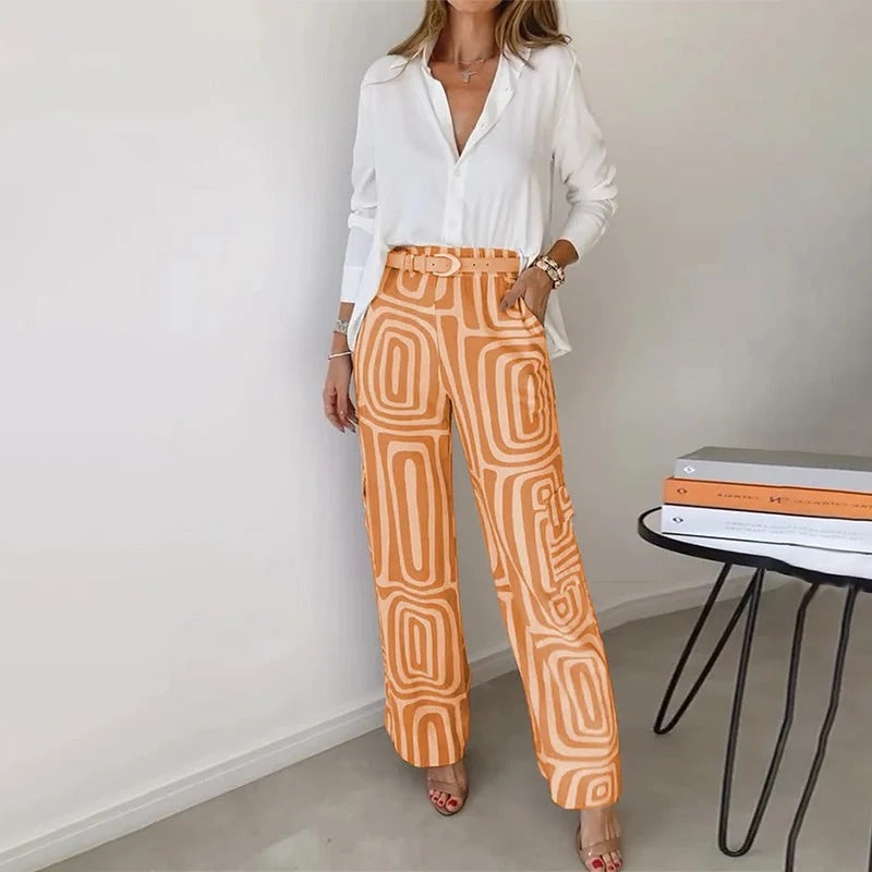 Elegant Two-Piece Set with Patterned Trousers