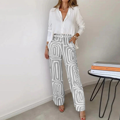 Elegant Two-Piece Set with Patterned Trousers