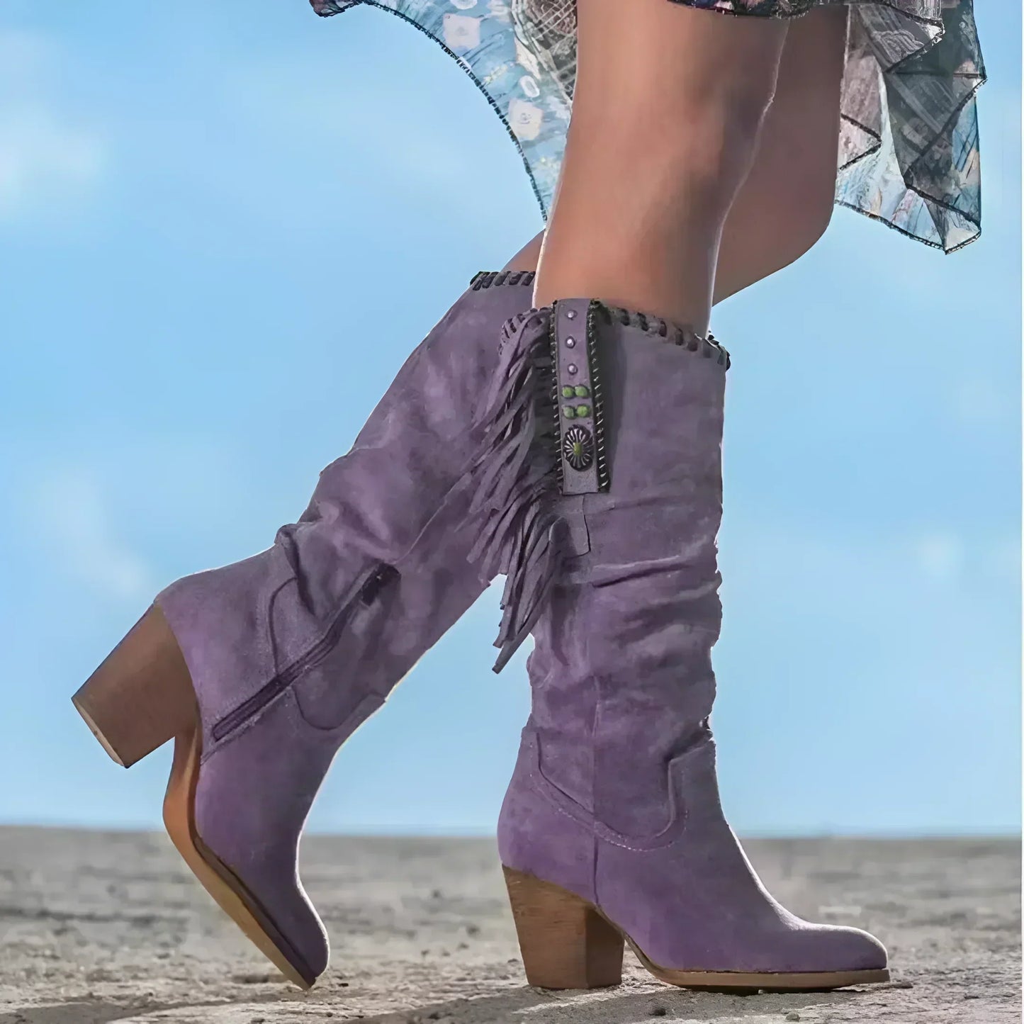 Stiefel Damen mit Fransen und Blockabsatz