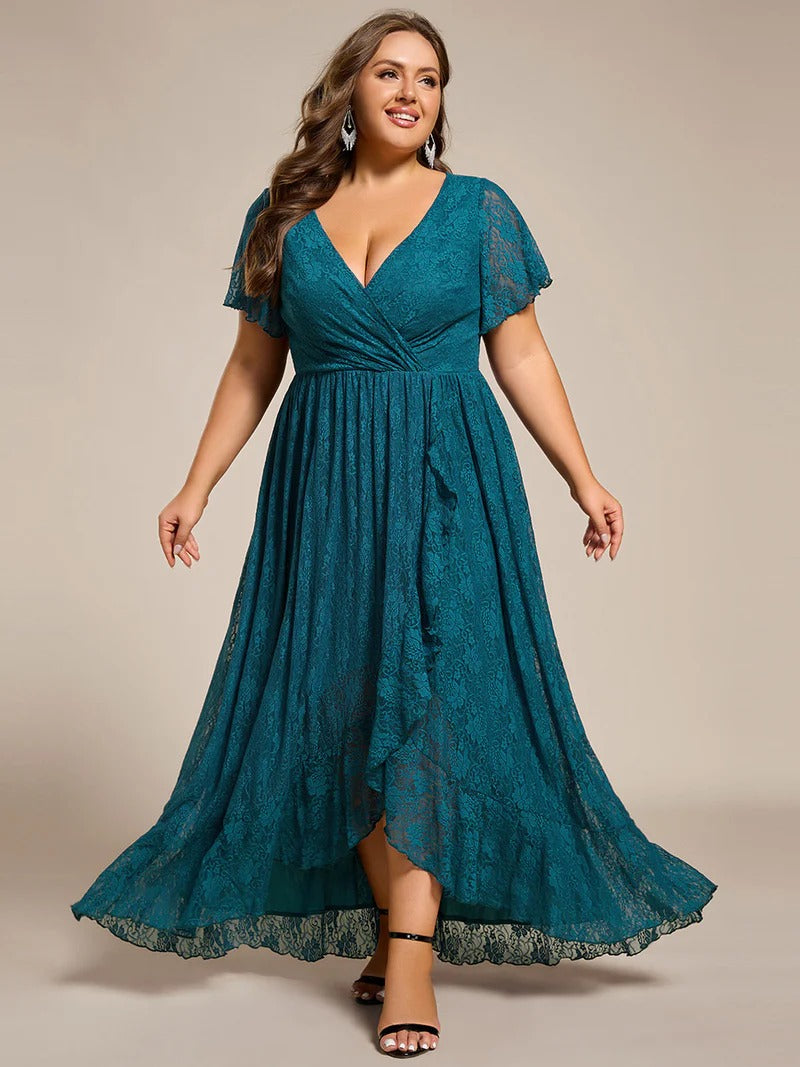 Plus Size Ruffled Lace Formal Evening Dress