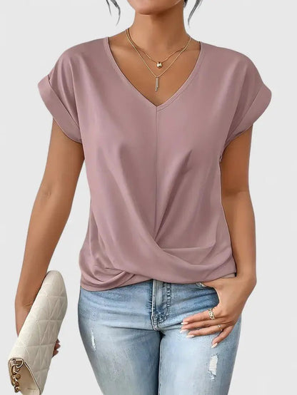 Women's V-Neck Short Sleeve Casual Top with Twist Front Detail