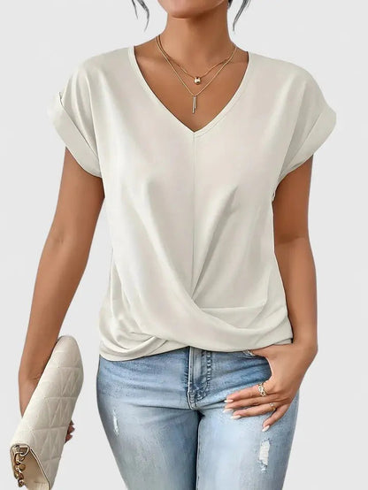 Women's V-Neck Short Sleeve Casual Top with Twist Front Detail