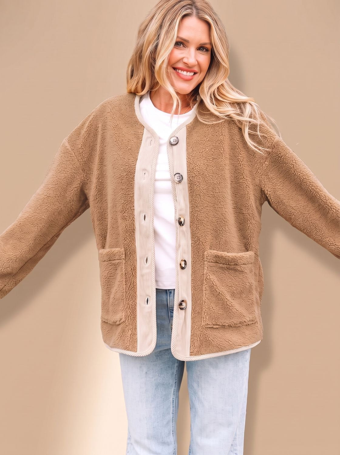 Olivia | Women's Button-Front Relaxed Teddy Jacket Patch Pockets