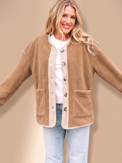 Olivia | Women's Button-Front Relaxed Teddy Jacket Patch Pockets