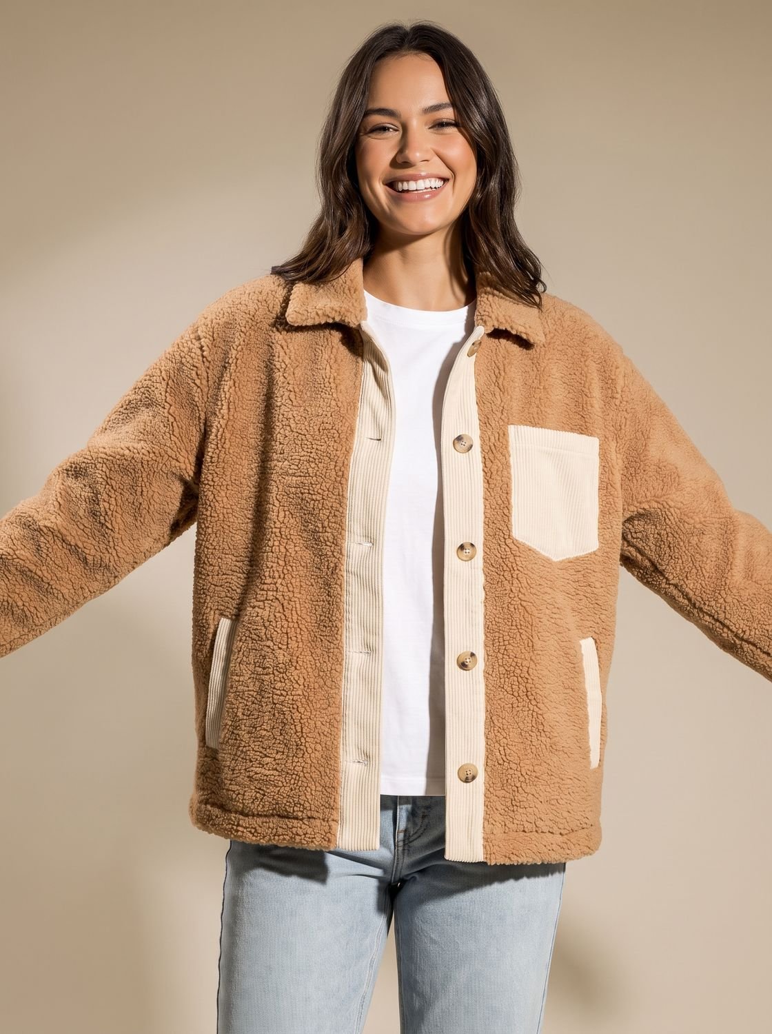 Olivia | Women's Button-Front Relaxed Teddy Jacket Patch Pockets