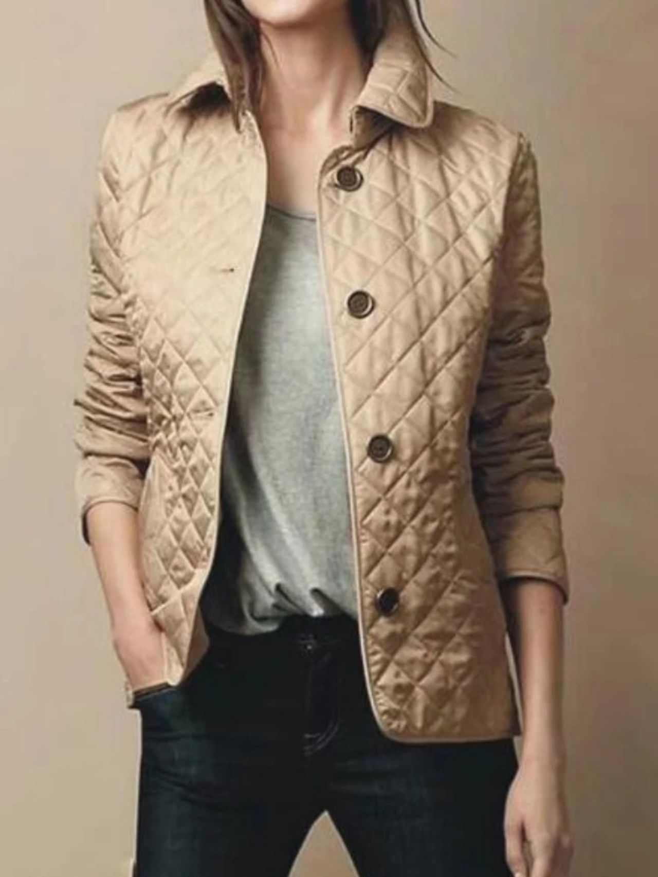 Women's Casual Quilted Jacket with Turned-Down Collar
