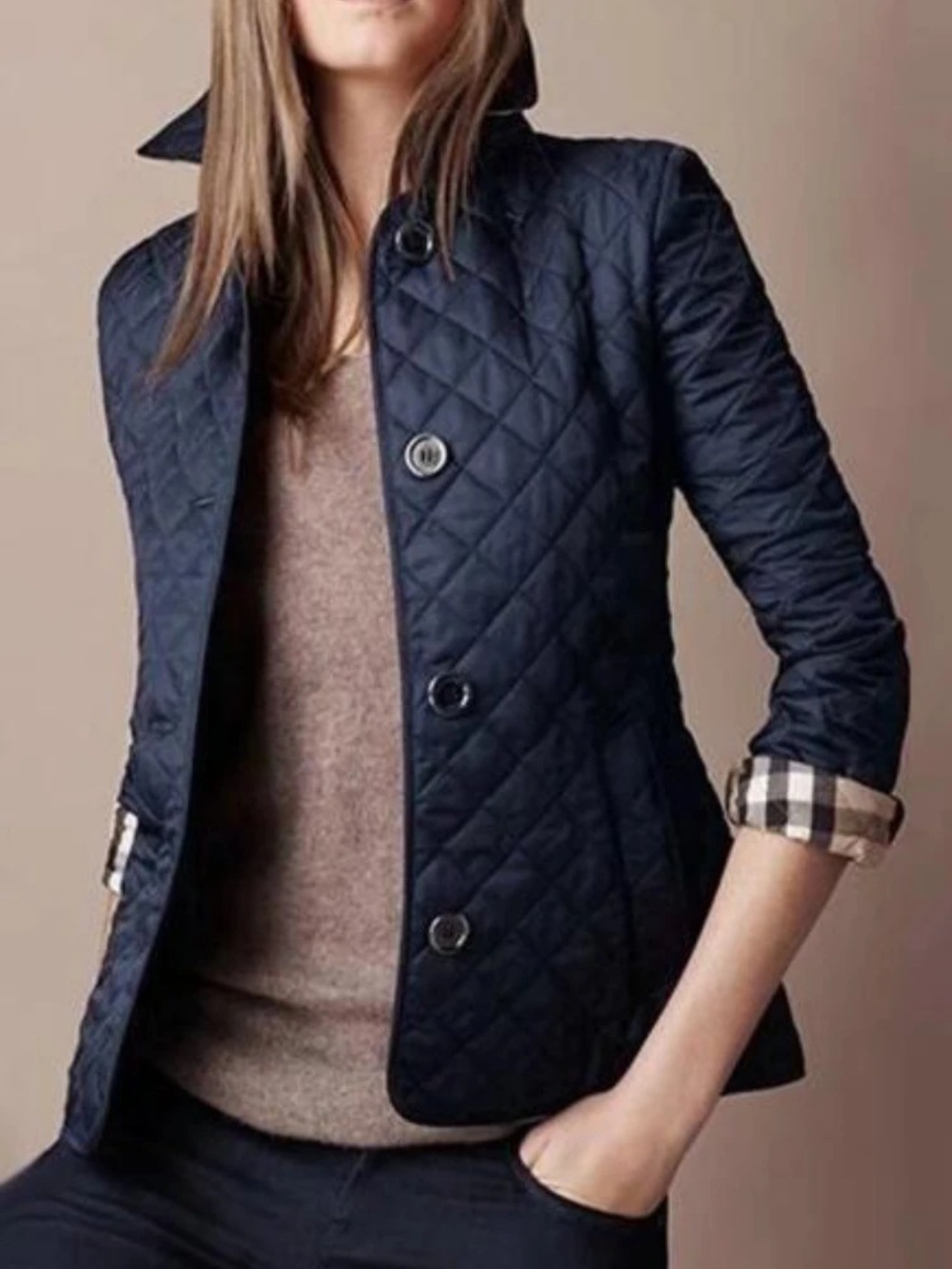 Women's Casual Quilted Jacket with Turned-Down Collar