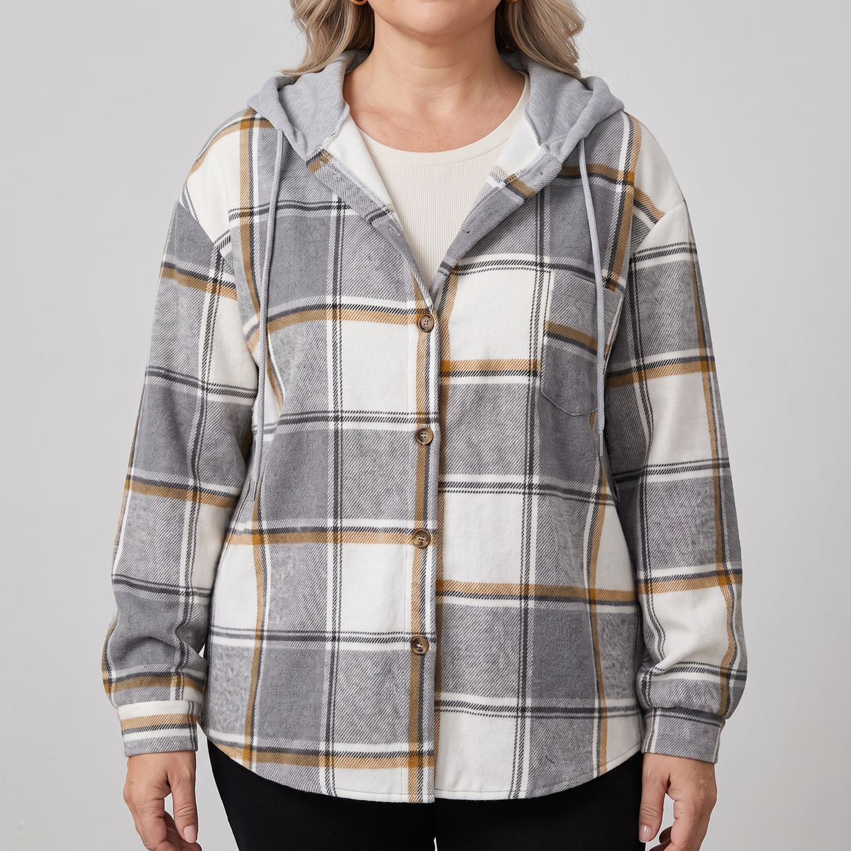 Women's Check Hooded Coat – Single-Breasted Plaid Winter Coat